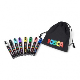 Dekormarker készlet, 1,8-2,5 mm, UNI "Posca PC-5M", 8 különböző szín, tartóval